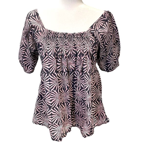 Kerry Cassill Hand Block Printed Tatum Top Peasant Blue Pink Daisy Floral S - Picture 1 of 7